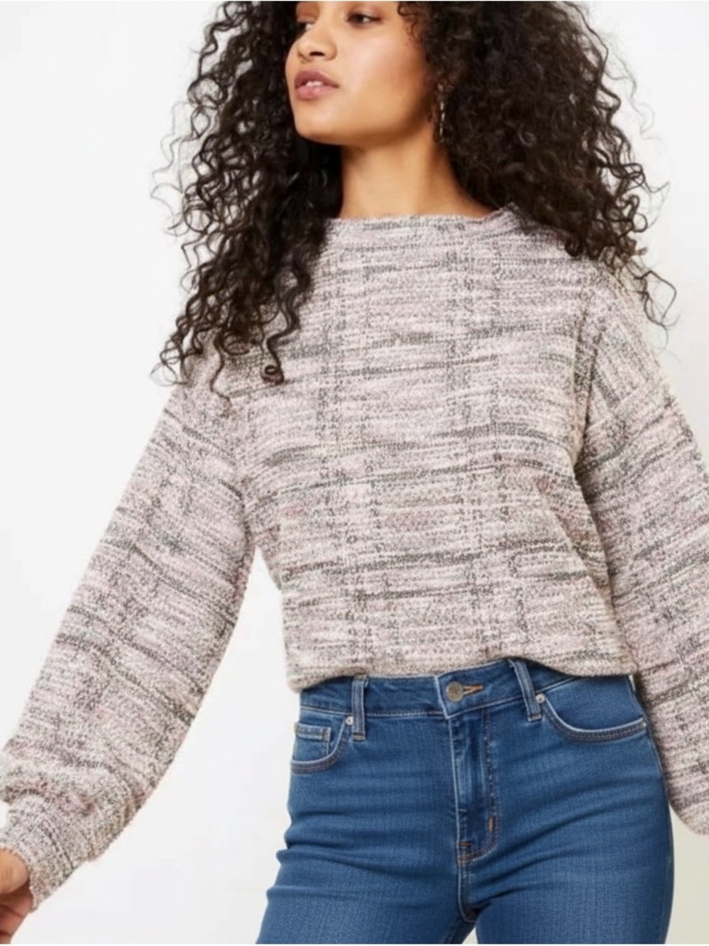 LOFT Boucle Metallic Tweed Boatneck Balloon Sleeve Sweater Top Large NWOT